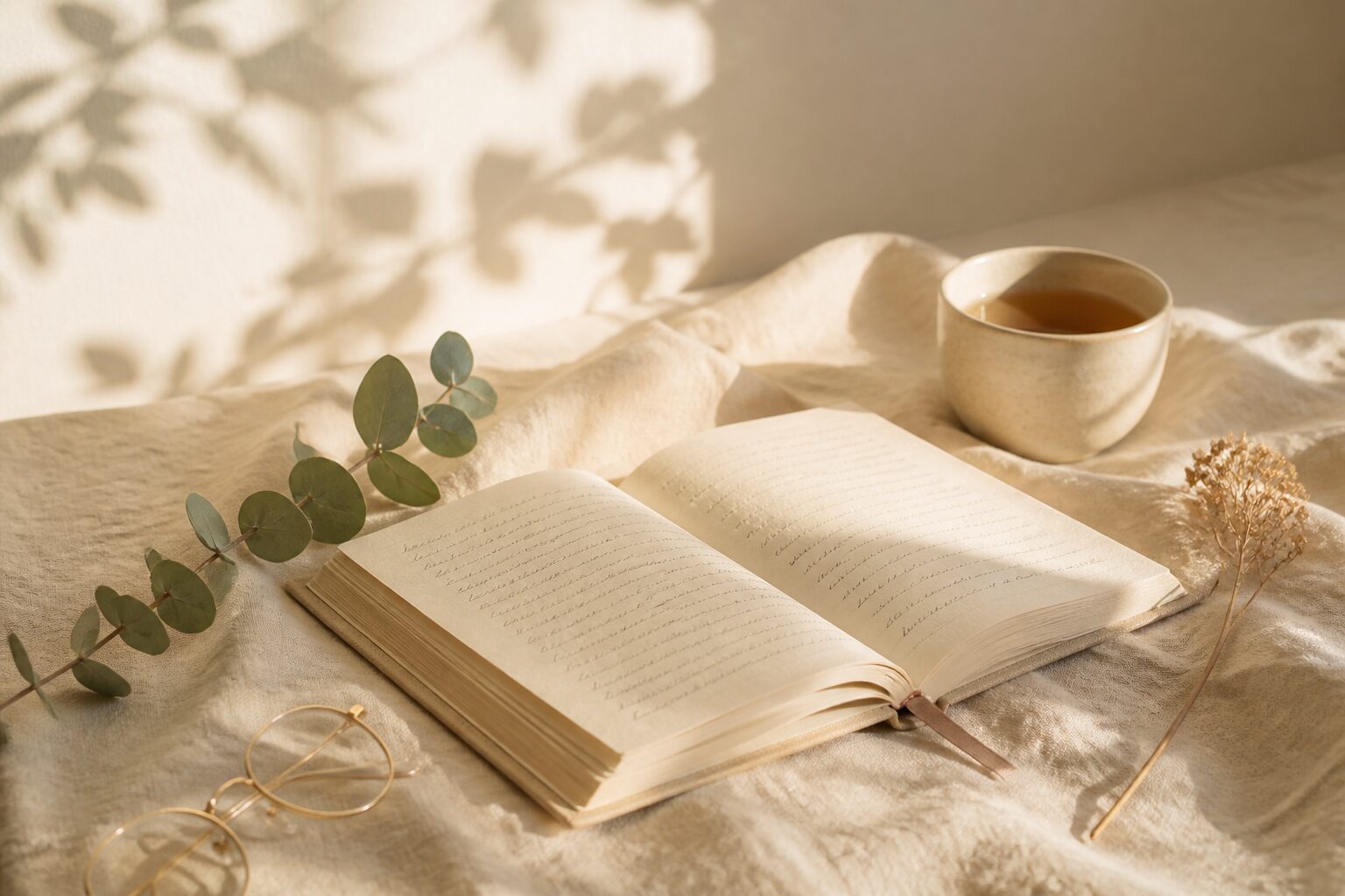 Open journal, reading glasses, and tea on cream linen in soft natural light