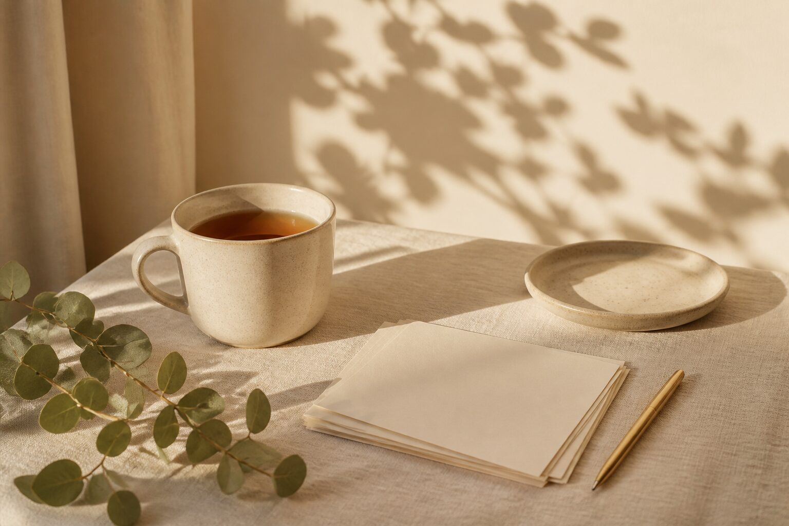 Cream stationery, tea, and eucalyptus on linen in soft natural light