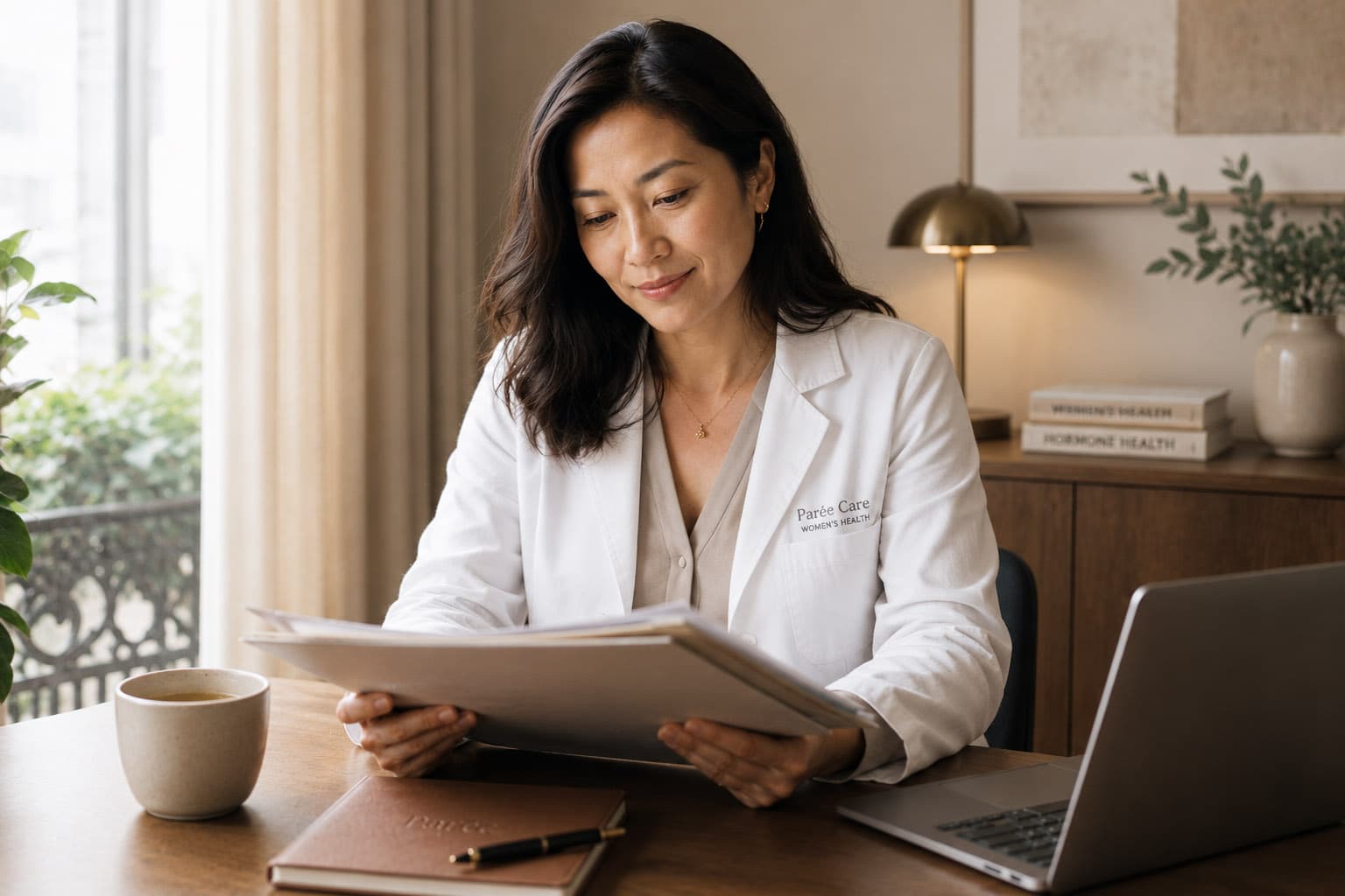 A woman reviewing paperwork at a desk in warm natural light.